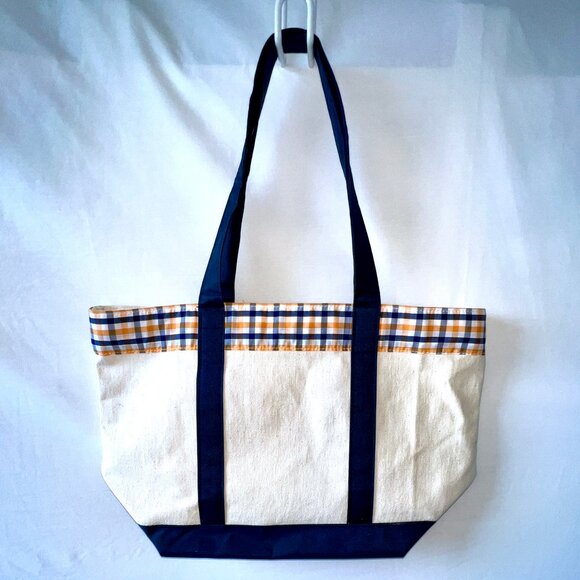 Extra Large Canvas Boat Tote Plaid, Cream and Navy, NWOTS! - Picture 2 of 12